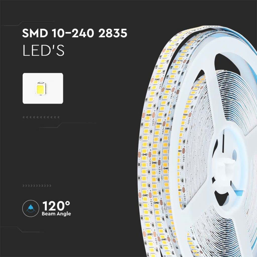 V-TAC Tira LED de interior IP65 impermeable 15 W - 10 metros de longitud - SMD 2835 Alta luminosidad - Luz 4000 K blanca natural - Tiras LED - Tira adhesiva y cubierta de silicona - 12 V