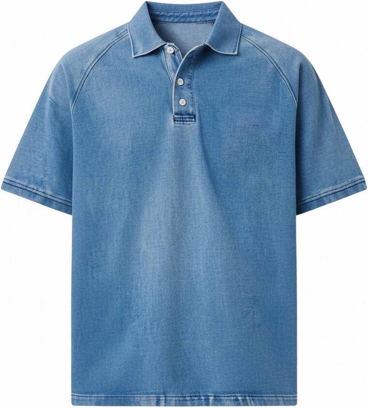 Cambkatl Men's Fuax Denim Summer Collared Shirts Vintage Distressed Loose Short Sleeve Pullovers Athletic Casual Tee Tops