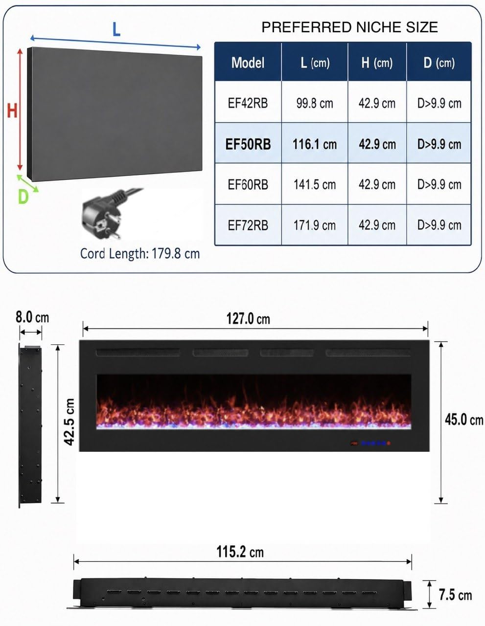 Camino Elettrico da Parete Weka Fireplace Wi-Fi, Ultrasottile, Profondo 7,5 cm, Vetro Temperato, Telecomando e Touch Screen, Riscaldatore da 750/1500 W, Effetto Fiamma Regolabile (127 cm WiFi New)