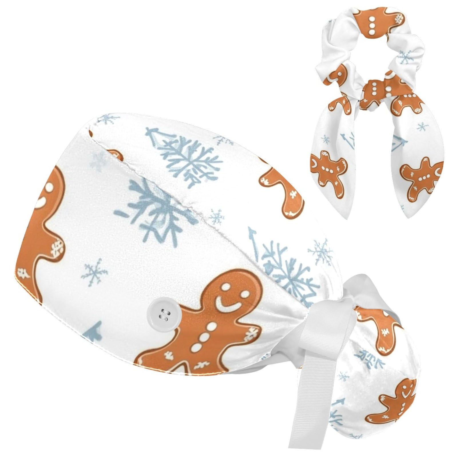 Adjustable Winter Blue Snowflake Surgical Scrub Cap with Button, Ponytail Pouch, Sweatband for Women with Bow Hair Scrunchy