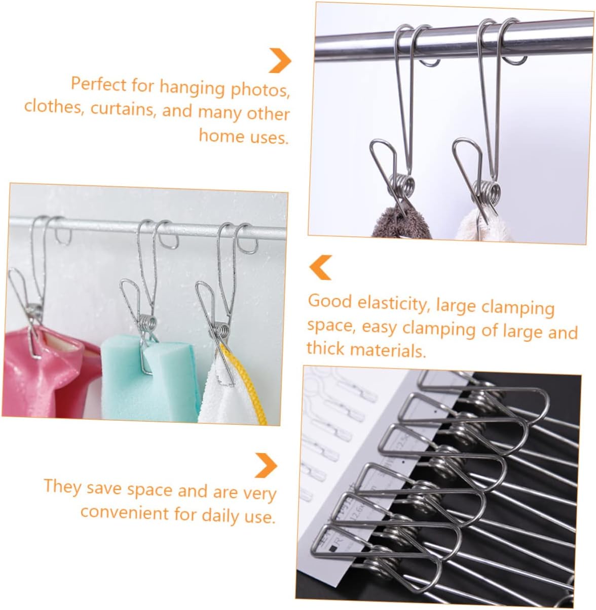 Stainless Steel Clips with Hook 10Pcs, Rustproof Clamps for Laundry
