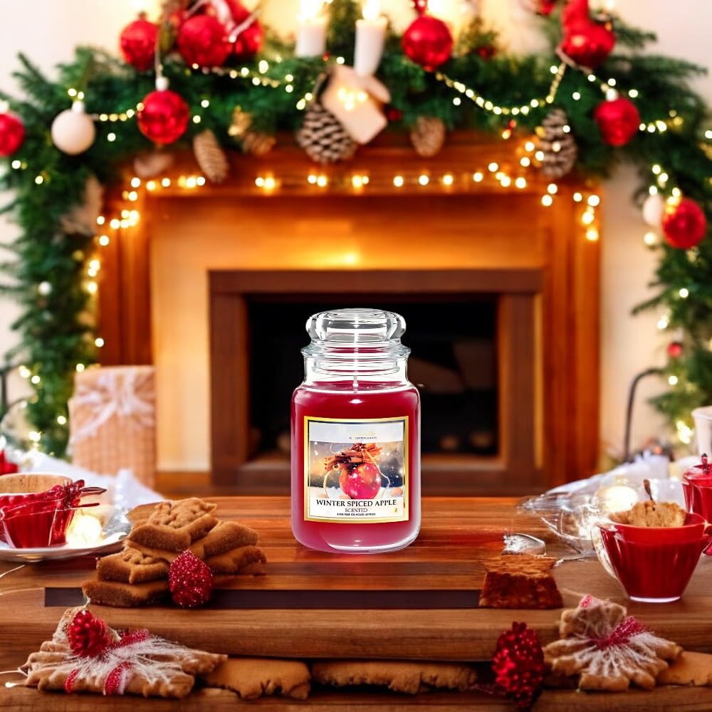 Fabfinds Multi Large 18Oz Scented Glass Jar Candle Natural Soy Wax Gift Fragrance 104 Hours (Winter Spiced Apple)