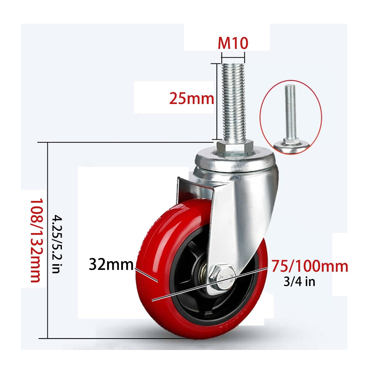 Ruote Girevoli con Perno Filettato M10 x 25 mm, 75/100 mm Pesanti PVC Rotelle Pivotanti Set da 4, Antigraffio Ruota Piroettanti Industriali con Freno, Ruote da Trasporto for Attrezzature(Swi