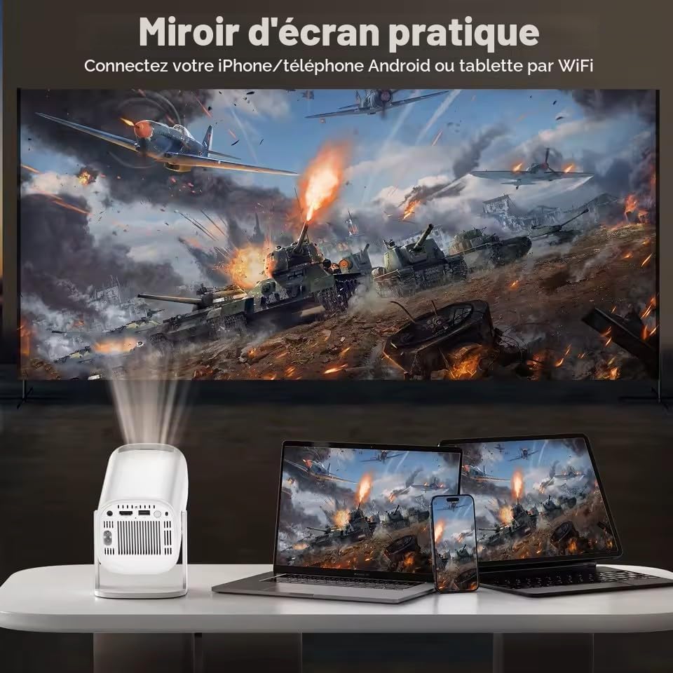 [Apps integrées] Vidéoprojecteur Android avec WiFi 6 et Bluetooth 5.4 Mini Projecteur 1080P Supporte 4K Correction Trapézoïdale Automatique Rotation 180° Compatible HDMI TV Stick Memory Stick Laptop