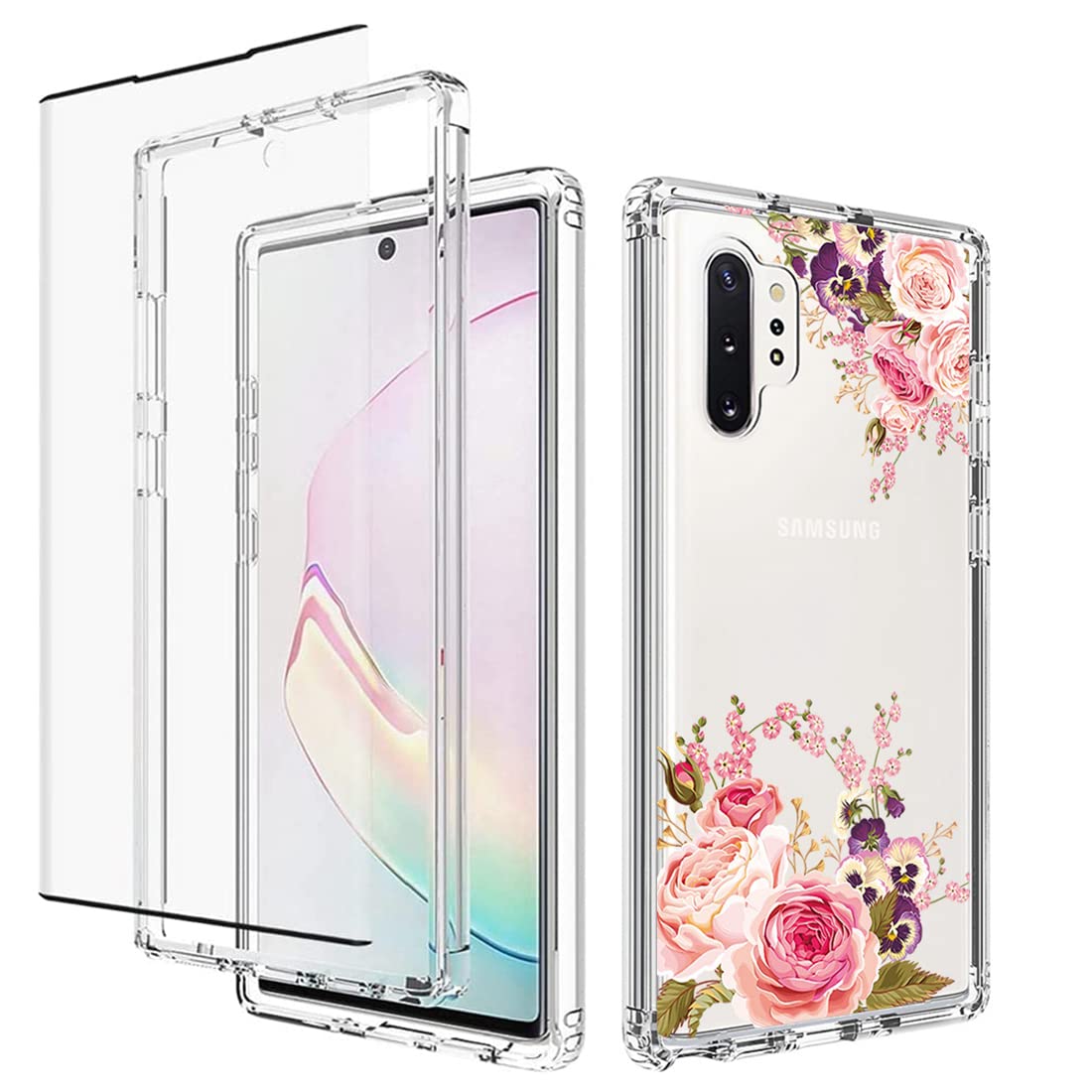 GufuwoCase for Galaxy Note 10 Plu/Note 10+ 5G SM-N975U Case with Tempered Glass Screen Protector, Full Body Floral Design Protection Hard Shell+TPU Cover for Samsung Galaxy Note 10 Plus (Rose flower)