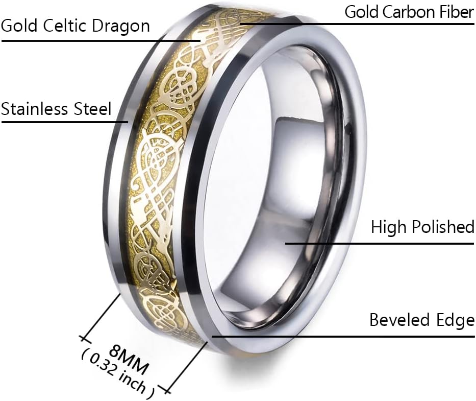 Men's Celtic Dragon Ring 8MM Silver/Black/Blue/Red/Gold Carbon Fiber Stainless Steel Wedding Band for Men Women Engagement Bands High Polished Beveled Edges Promise Rings Comfort Fit Size 5-13 - Image 2