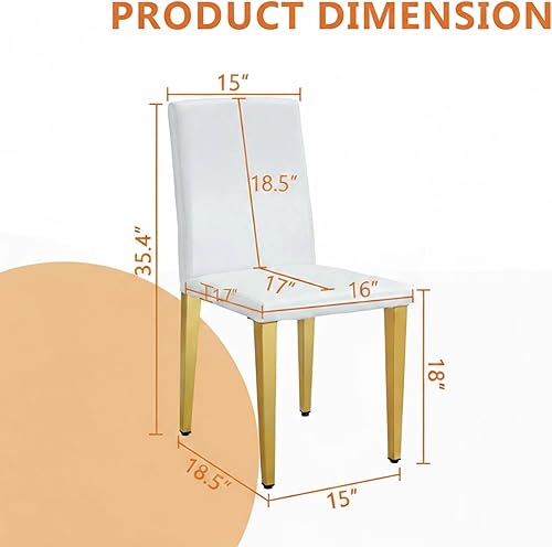 Miniatura 3 de Juego de 4 sillas de comedor modernas, piel sintética blanca con patas de metal dorado, 35.4 x 16 x 18.5 pulgadas, asientos acolchados de esponja de
