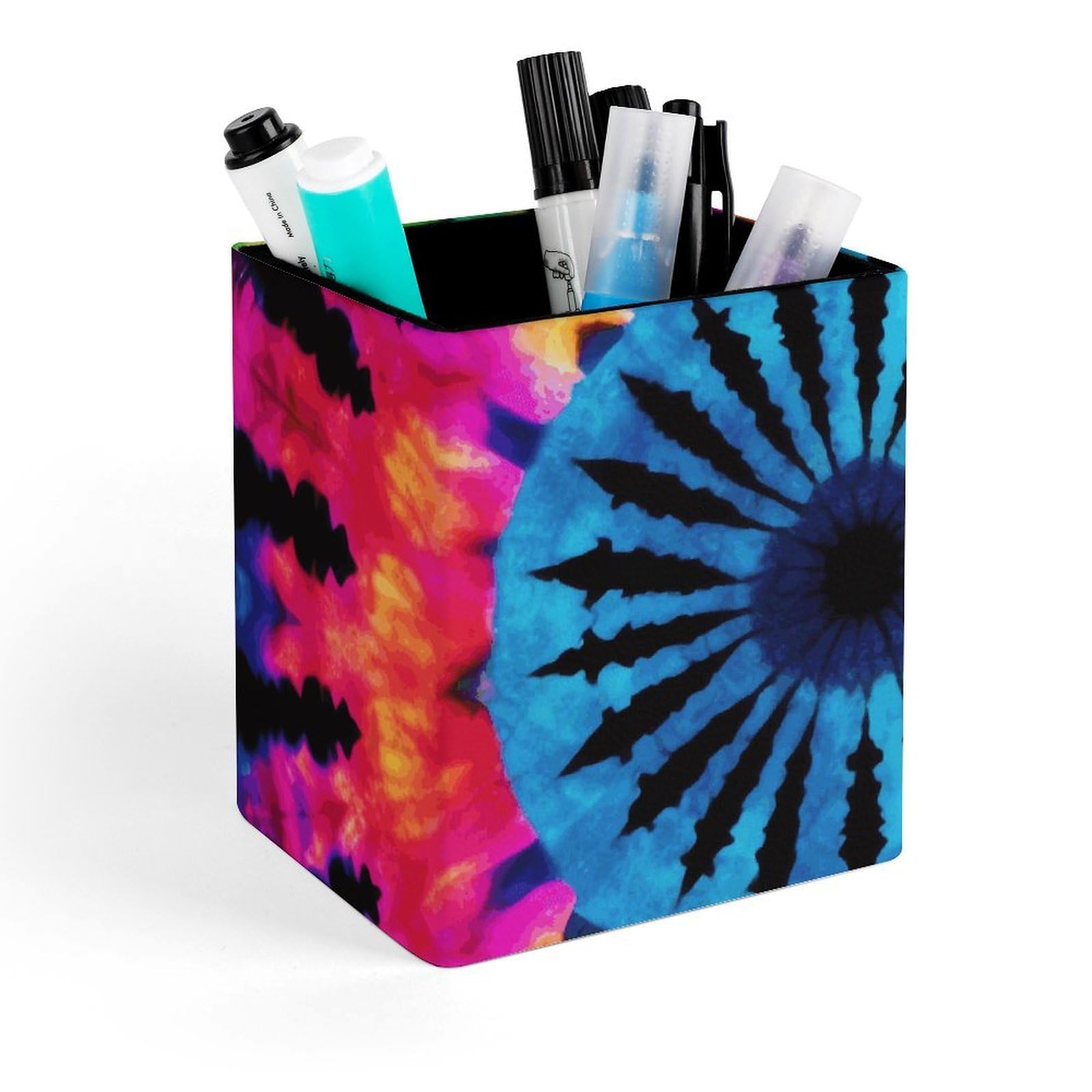 FekiLoot Exotic Tribe Tie Dye Style Pencil Holder Square Leather Pen Holder Cup Modern Multi-Functional Pencil Cup Holder Decorative Desk Organizer Caddy Makeup Brush Holders for Desk Office