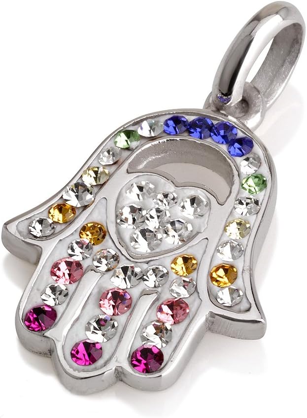 Hamsa Hart Pendant With Multi Colors Crystals Gemstones and 925 Silver Necklace
