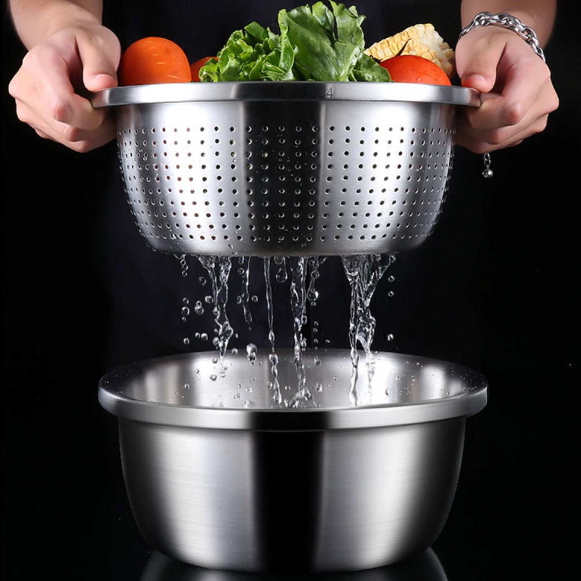 Juego de Colador Multifunción de Acero Inoxidable, 2 Piezas | Plata, para Frutas y Verduras en Cocina, Lavado de Arroz y Rallado Vegetal