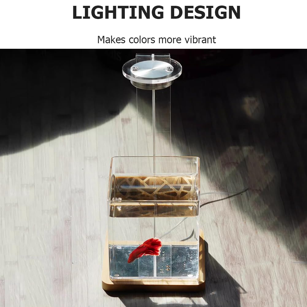 Acquario per Pesci Betta con Luce LED E Base in Venature del Legno, Kit di Avviamento per Acquario in Acrilico, Facile da Mantenere, Boccia per Pesci da Tavolo