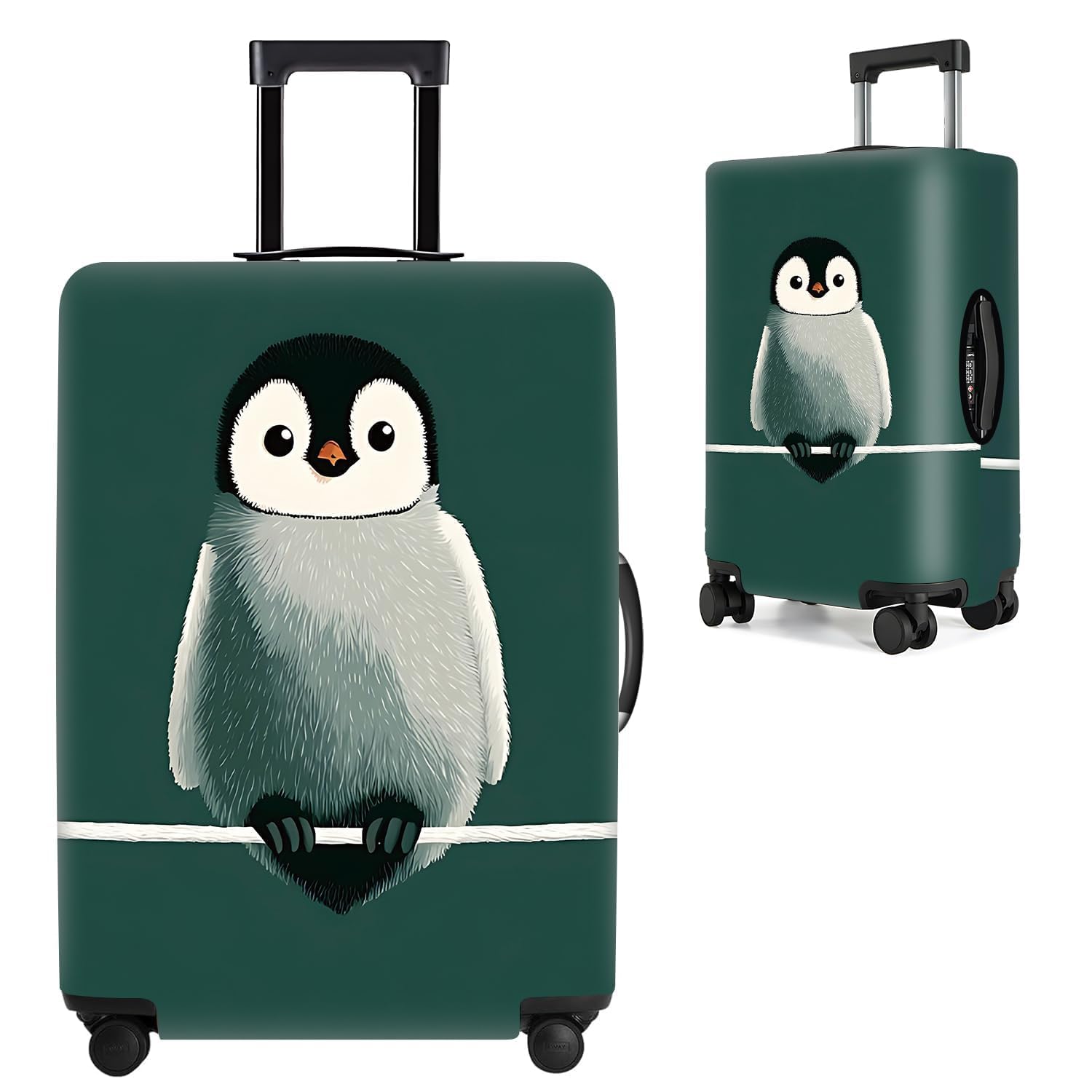 Cute Penguin Luggage Cover – Fun Animal Travel Suitcase Protector with Deep Green Background – Stretchable Anti-Scratch Cover for 28-30 Inch Luggage,L