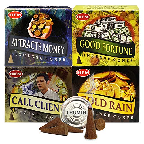 Hem Incense Cones Variety Pack #1 And Cone Incense Burner Bundle With 4 Money Luck And Business Themed Fragrances