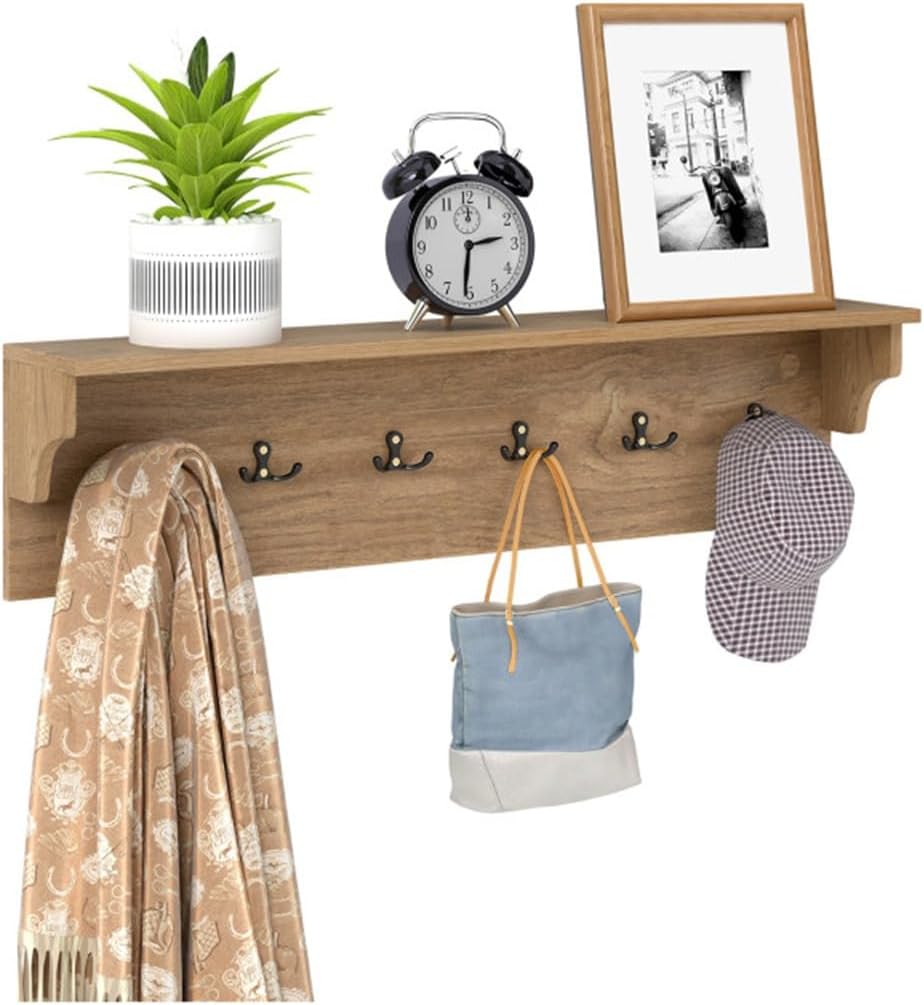 Wall Mount Coat Rack with Shelf: 31.5", 6 Hooks, 110 lb Capacity, Entryway & Bathroom Storage, Floating Shelf for Keys, Hats, Towels, Natural Finish - Easy Mounting (Natural)