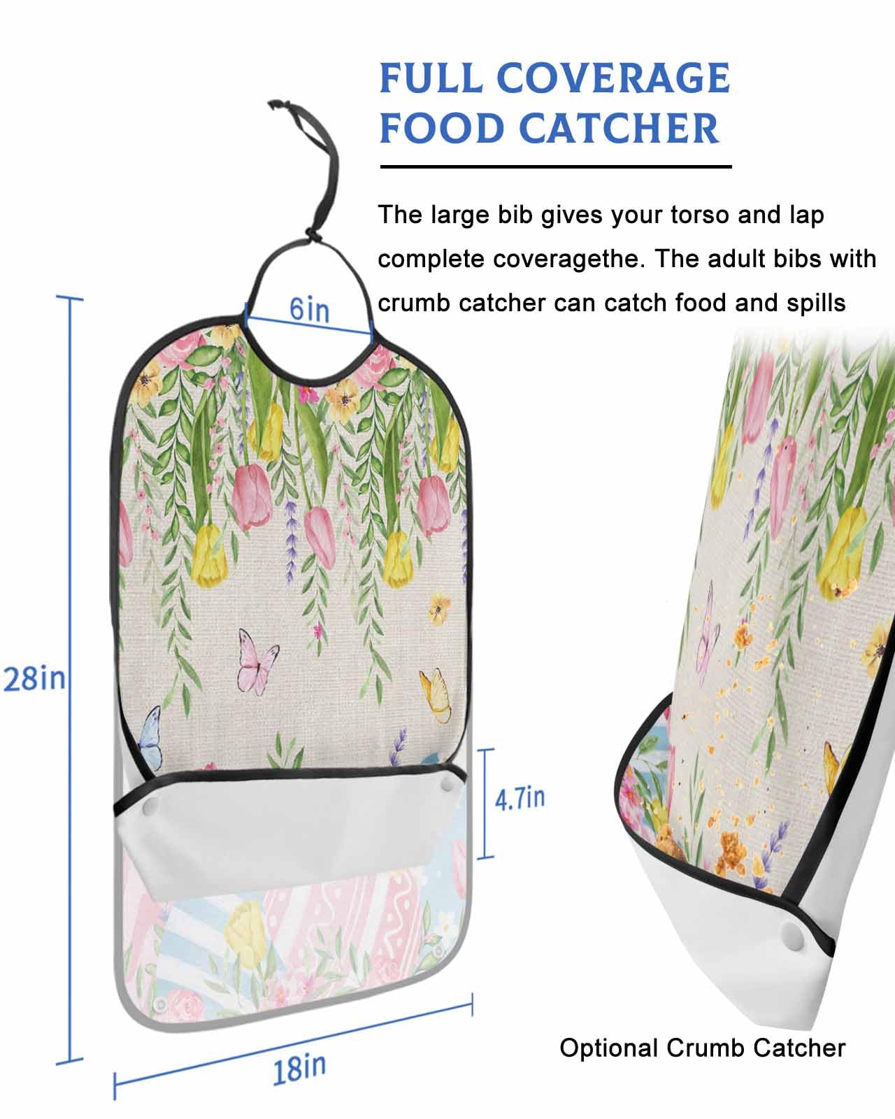LEOKOTI Spring Easter Adult Bibs for Eating, Waterproof Bibs with Food Catcher & Adjustable Snap Closure, Rustic Floral Botanical Easter Eggs Washable Clothing Protectors Adult Bibs for Elderly