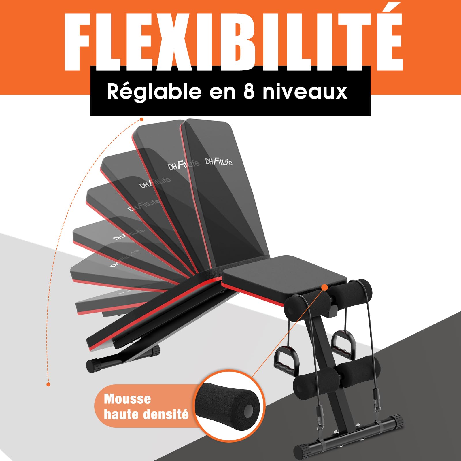 DH FitLife Banc pliable 8 en 1 | Gain de place 80% | Banc de musculation réglable et incliné | Appareil d’abdominaux pour entraînement complet à domicile