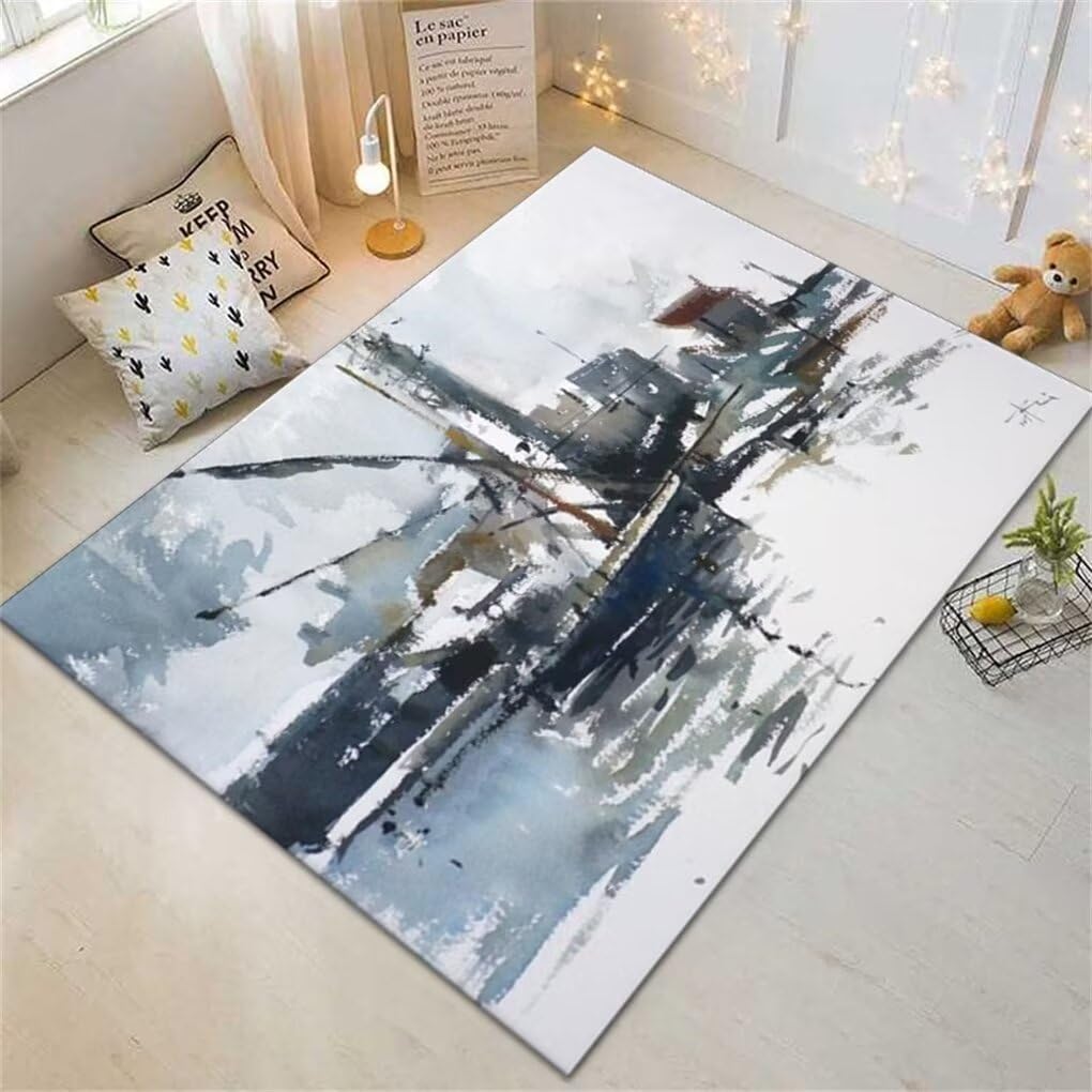 Tapis de salon bleu 200x250cm à motif encre abstraite pour chambre adulte