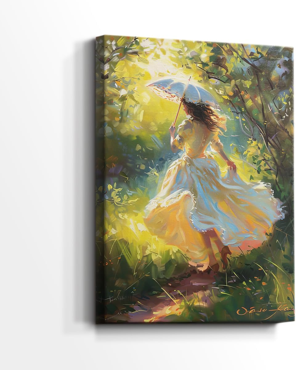 Renditions Gallery Canvas Paintings & Prints White Dressed Woman in Green Forest Sun Light Wall Art Decorations for Bedroom Office Lounge - 12" X 18" LT565