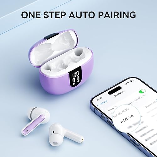 Miniatura 4 de MoBadeety Auriculares inalámbricos, auriculares Bluetooth 5.3, 40 horas de reproducción, estéreo de graves profundos, pantalla de alimentación LED,