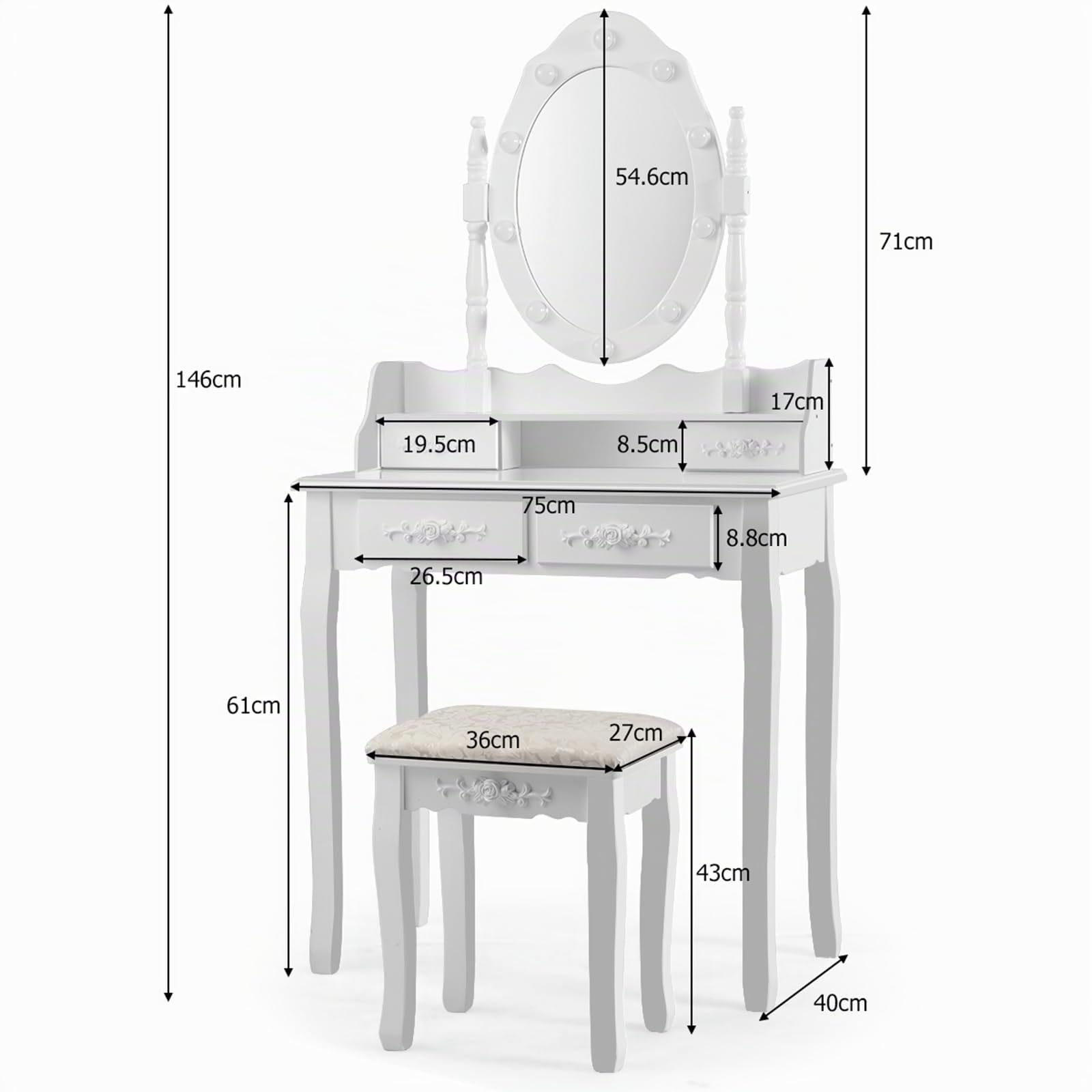 COSTWAY Toeletta Trucco con Specchio Girevole, 10 Luci LED, Luminosità Regolabile, Postazione Trucco con Sgabello e 4 Cassetti, Tavolo da Trucco Scrivania Camera da Letto, 146x75x40cm (Bianco)
