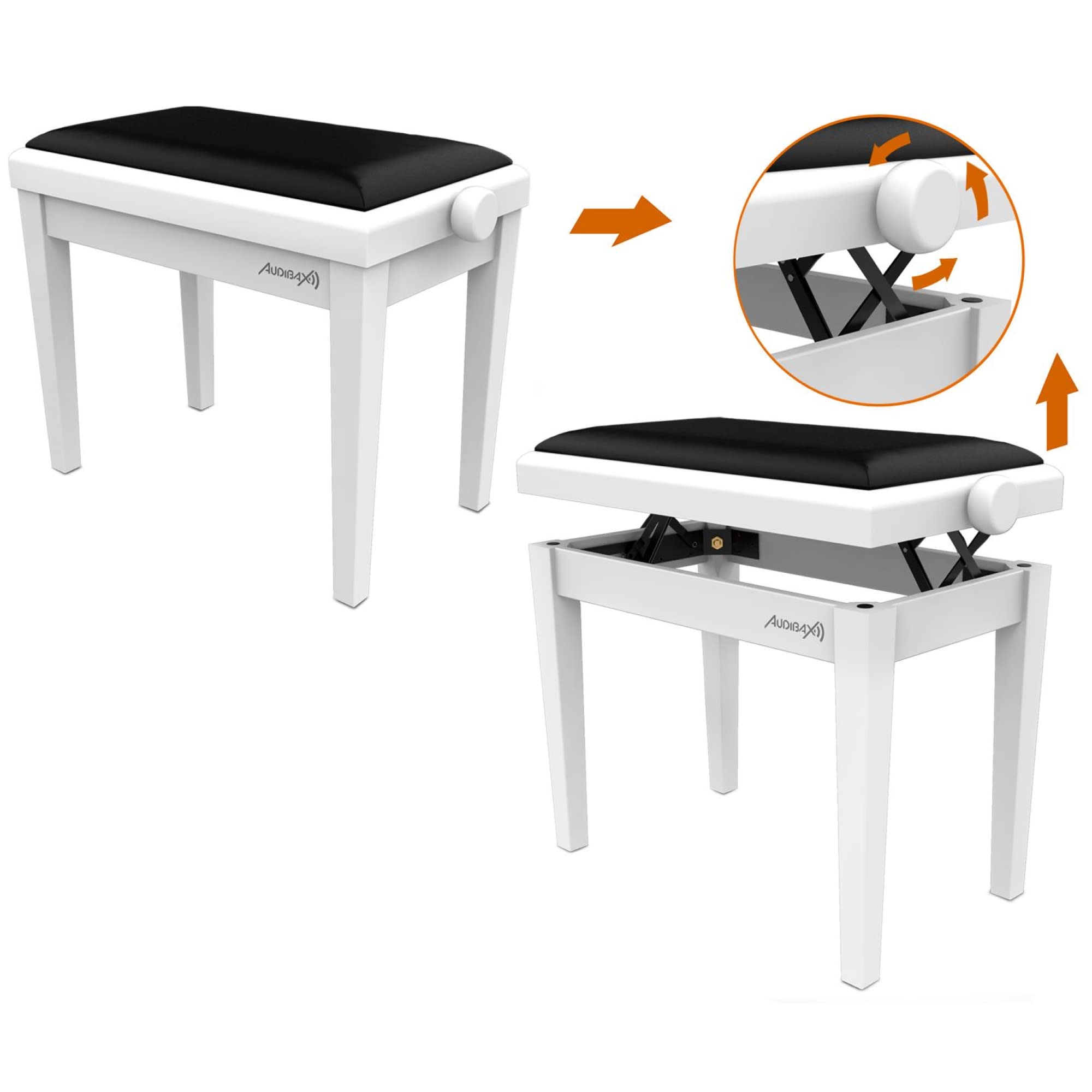 Audibax KB600 White - Sgabello per Pianoforte o Tastiera - Panca per Pianoforte Pieghevole per Impieghi Gravosi - Altezza Regolabile da 47,5 a 56,5 cm - Sgabello per Tastiera Imbottito - In Legno