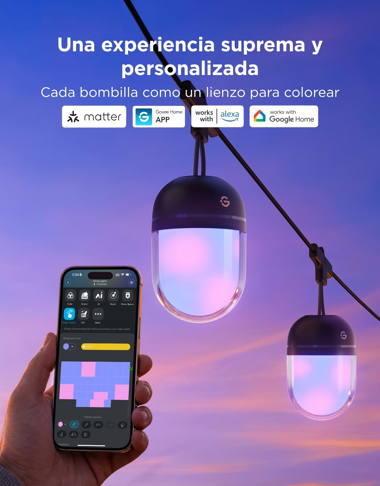 Govee Guirnalda Luces Exterior 10M, RGBICW 240lm pro LED, App Control,IP67 | 16M Colores DIY, 111+ Modos de Escenas, Sync Música, Matter/Alexa/Google, 30000h, Instal. Fácil, Jardín/Balcón/Terraza
