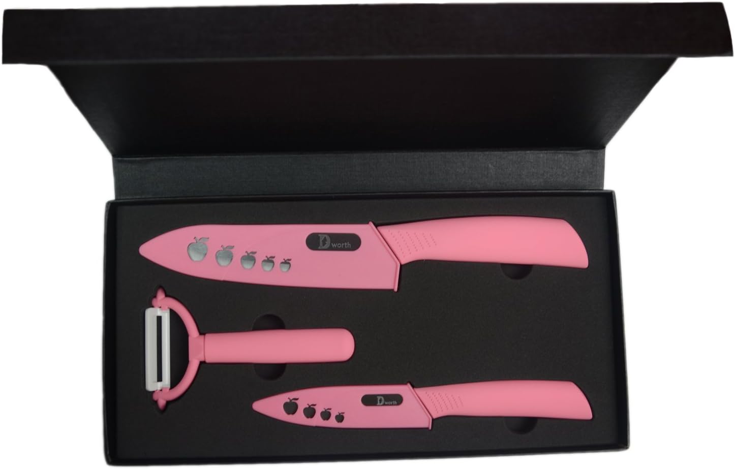 Dworth 5 Piece Knife Set , 6" Ceramic Chef Knife/ 4" Vegetable Fruit Knife + Peeler , Kitchen Knives with Case (Knife Sheaths) (5, black+pink)