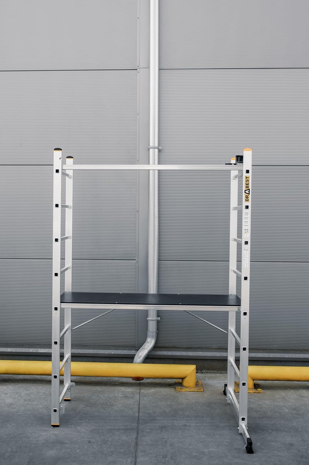 DRABEST Escalera de Aluminio Pro 3en1 - Andamio, Plegable, Multiusos con Plataforma de Trabajo y Gancho para Cubo - Aluminiopara CONSTRUCCIÓN, jardín - 2X 8 peldaños