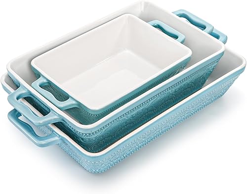 Miniatura 3 de Hacaroa Juego de 3 platos de cerámica para hornear, rectangulares con asas, elegante juego de cacerola para lasaña para hornear, cocinar, cena de