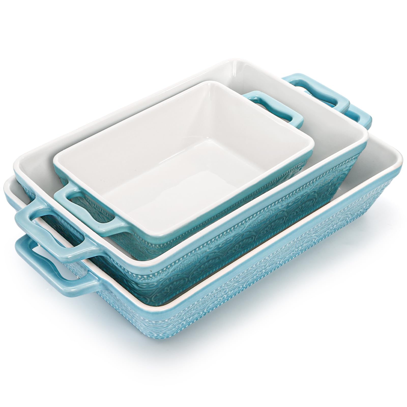 Hacaroa 3er Set Keramik Auflaufform, Rechteckige Backformen mit Griffen, Elegante Auflaufform Set Lasagnepfanne zum Backen, Kochen, Kuchen Abendessen, Bankett, Seeblau, 3 Größen