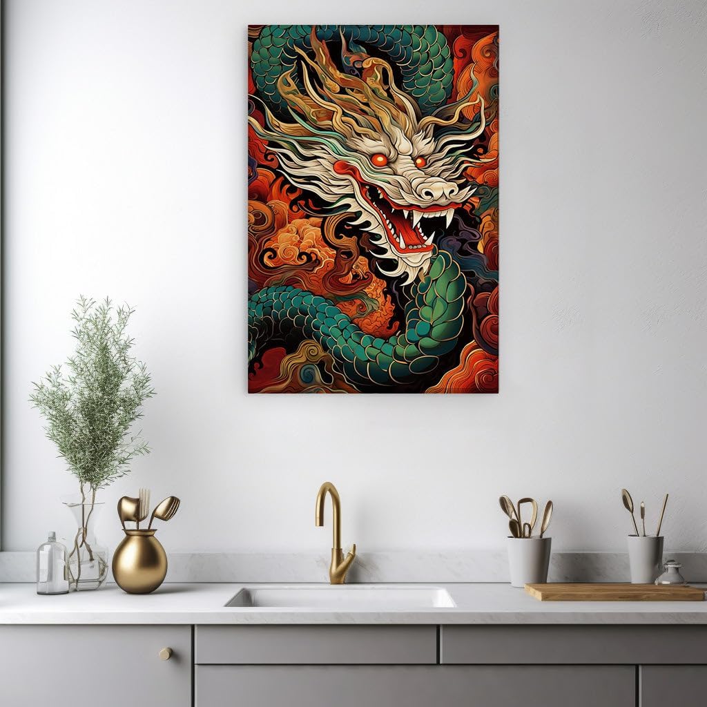 Canvas for Living room. Majestic White Dragon Embodied in Artistic Brilliance Against a Vivid Red and Black Tapestry, 27 x 18 inch Canvas Wall Art - Contemporary Masterpieces - Modern Home Decor