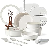 CAROTE 18-Pc Ceramic Nonstick Cookware Set, Detachable Handles, Stand-Up Lids, PFOA/PFAS-Free, Oven Safe up to 450°F, Induction Ready - Cream White