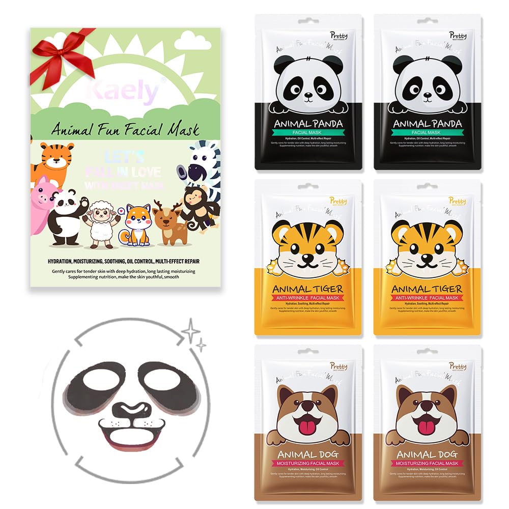 Kaely 6 Pack Kids Face Mask Spa, Animal Face Masks for Kids Teens Women Skincare, Animal Character Sheet Facial Mask for All Skin Types, Girls Night
