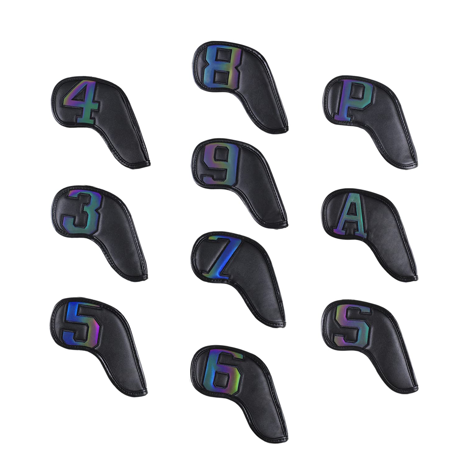 Scott Edward 10 fundas de cuero para cabeza de golf de hierro fuerte, cierre magnético, cuello largo, proteger el club, claramente número 3-9/A/P/S (cuero degradado negro)