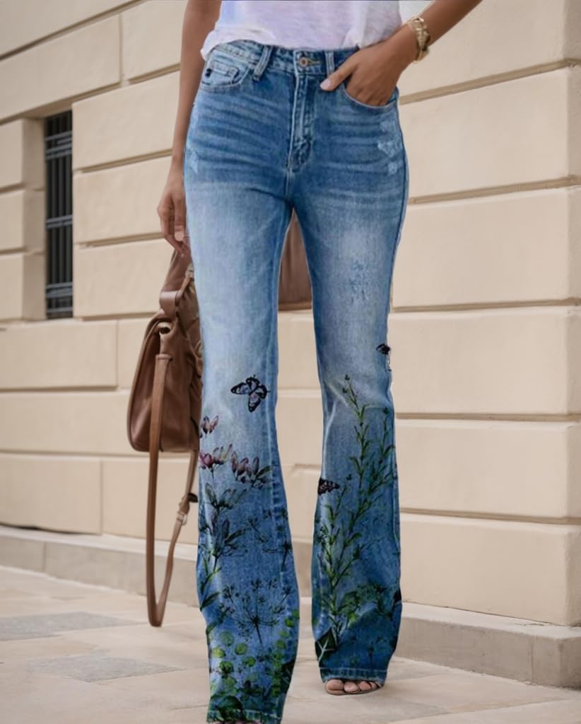 Womens Denim Printed Floral Graphic Elastic Waist Palazzo Pants Casual Loose Wide Leg Zipper Trousers with 2 Pockets - Image 2