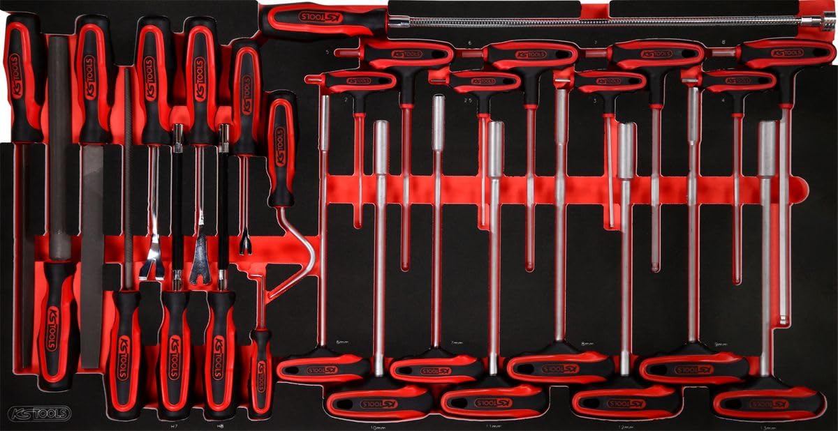 KS Tools 813.0028 Zestaw kluczy kątowych imbusowych z uchwytem w kształcie T i pilników we wkładce piankowej, 28-szt.
