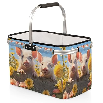 Kizmoglux Pig Sunflower Wooden Collapsible Market Basket, Foldable Picnic Basket - Large Shopping Basket with Handles, Portable Folding Bag for Shopping Camping Picnic