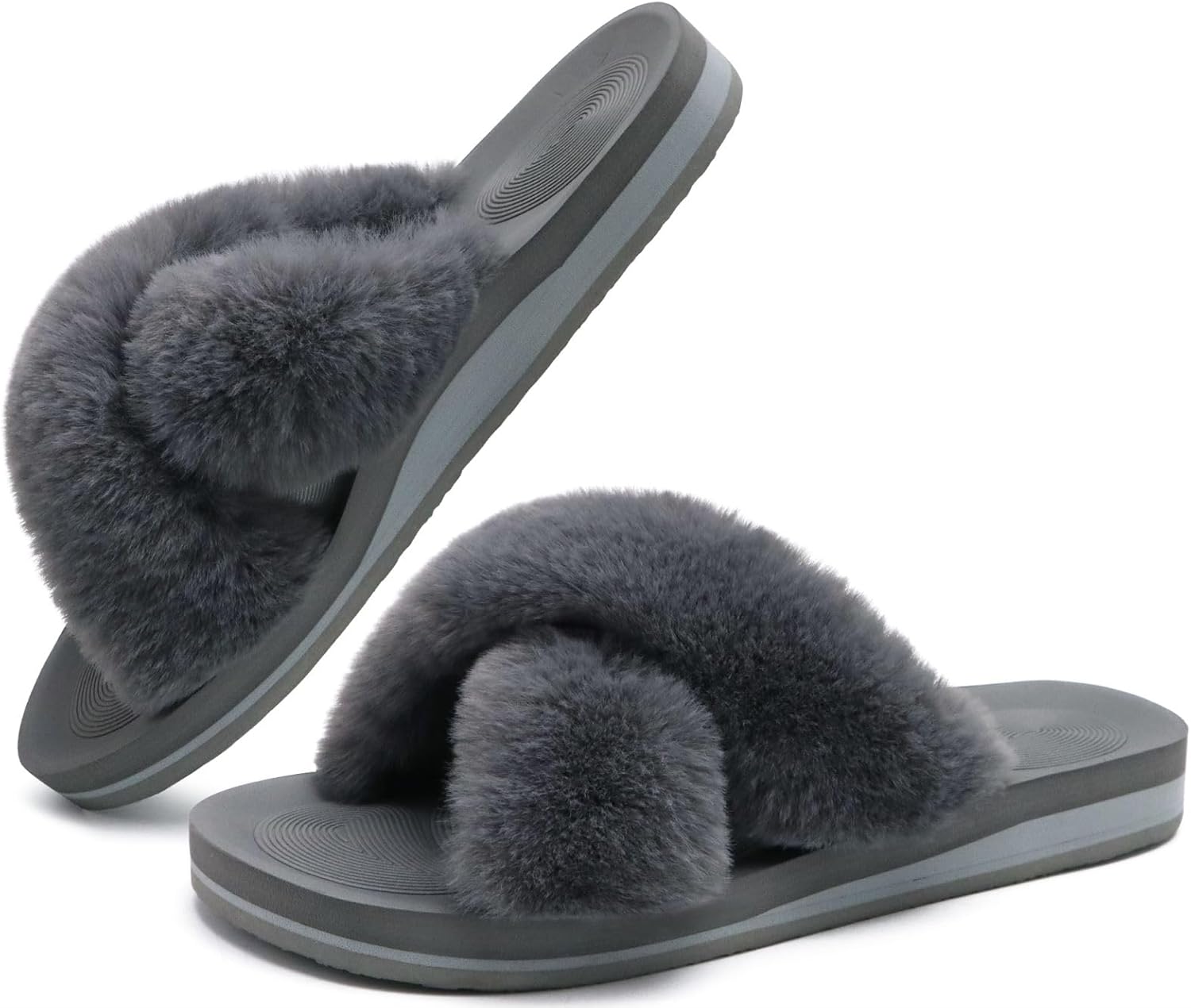 COFACE Womens Fuzzy Slides Fluff Faux Fur Cross Slippers Open Toe Yoga Mat House Slipper Sandals With Arch Support For Indoor/Outdoor - Image 2