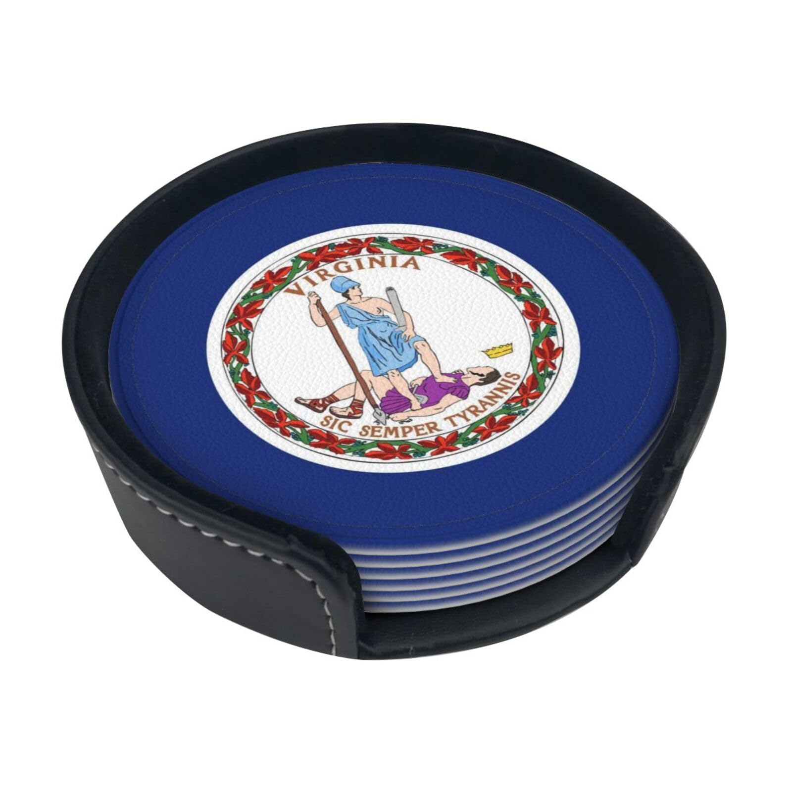 Virginia State Flag Leather Coasters-Set of 6 with Storage Holder