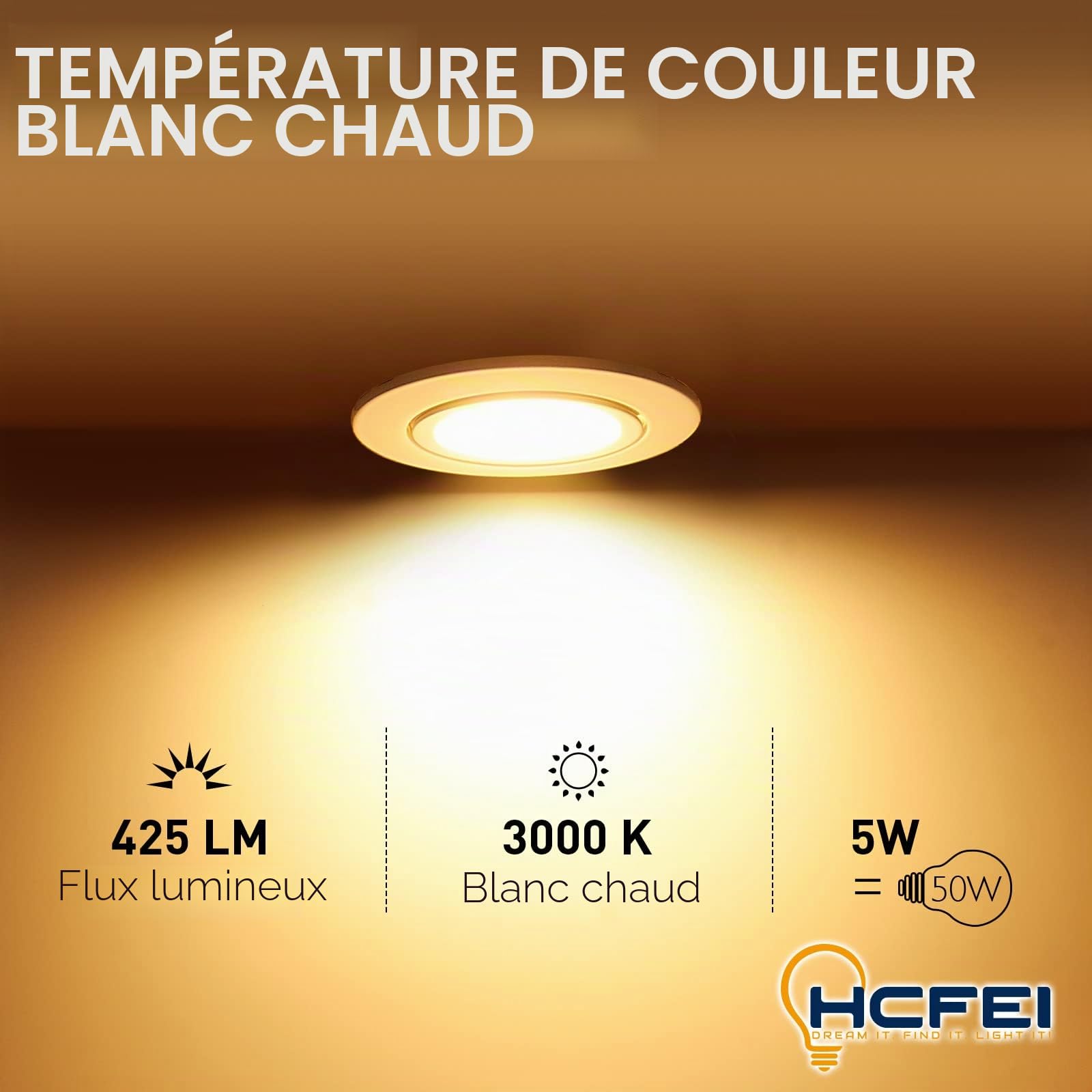 HCFEI Lot de 6 Spot Encastrable Complete Orientable Blanc avec Dimmable Ampoule GU10 Module 5W 230V eq. 50W Lumiere Blanc Chaud 3000K