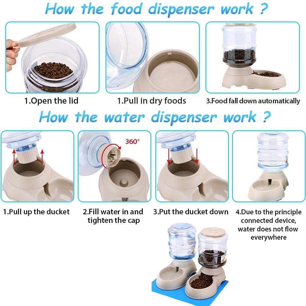 2 Pack Automatic Cat Feeder and Water Dispenser Set with Anti Spill Pet Food Mat, Large 1 Gallon Capacity Each, Gravity Based, for Small Medium Dogs Puppies Kittens Indoor Feeding Solution 2