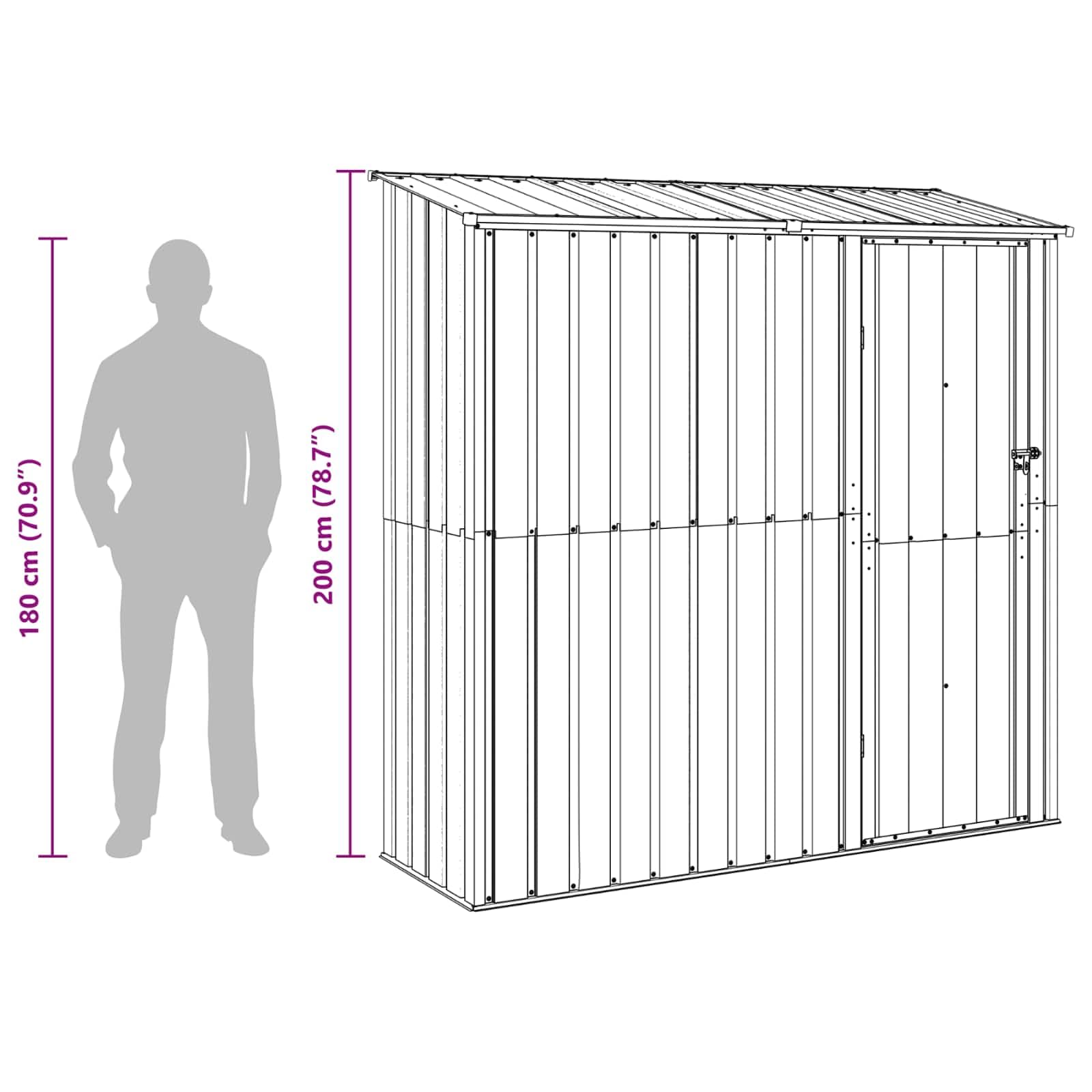 Domek ogrodowy, antracyt, metalowy, 203,5 x 73 x 200 cm, z miejscem do przechowywania, zamykany, odporny na warunki atmosferyczne, na taras, podwórko, balkon, domek na narzędzia, do przechowywania