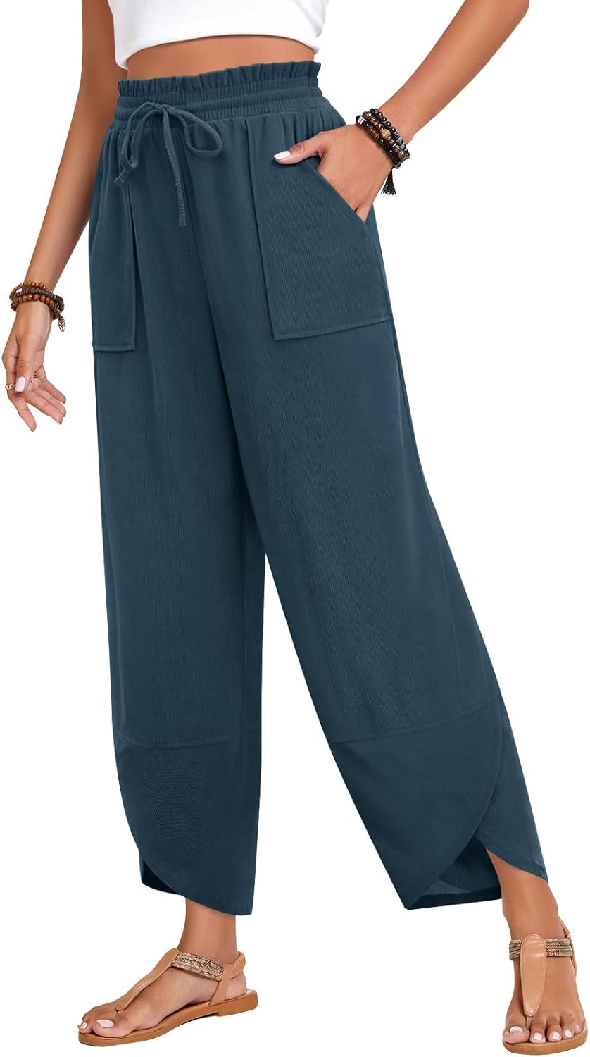Anyhold Womens Baggy High Waisted Wide Leg Lounge Pants Drawstring Casual Palazzo Pants Trousers with Pockets