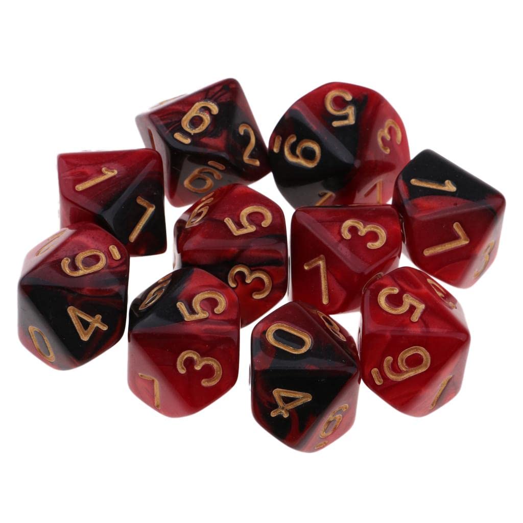 Set di 10 Dadi D10 a più Facce per Giochi di Ruolo, Rosso + Nero, Come descritto