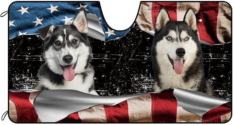 Funny Husky Dog Couple Car Windshield Sunshade Animal US American Flag 4Th of July Car Sun Shade Front Window Sun Visor Protector 51 X 26.8 Inch