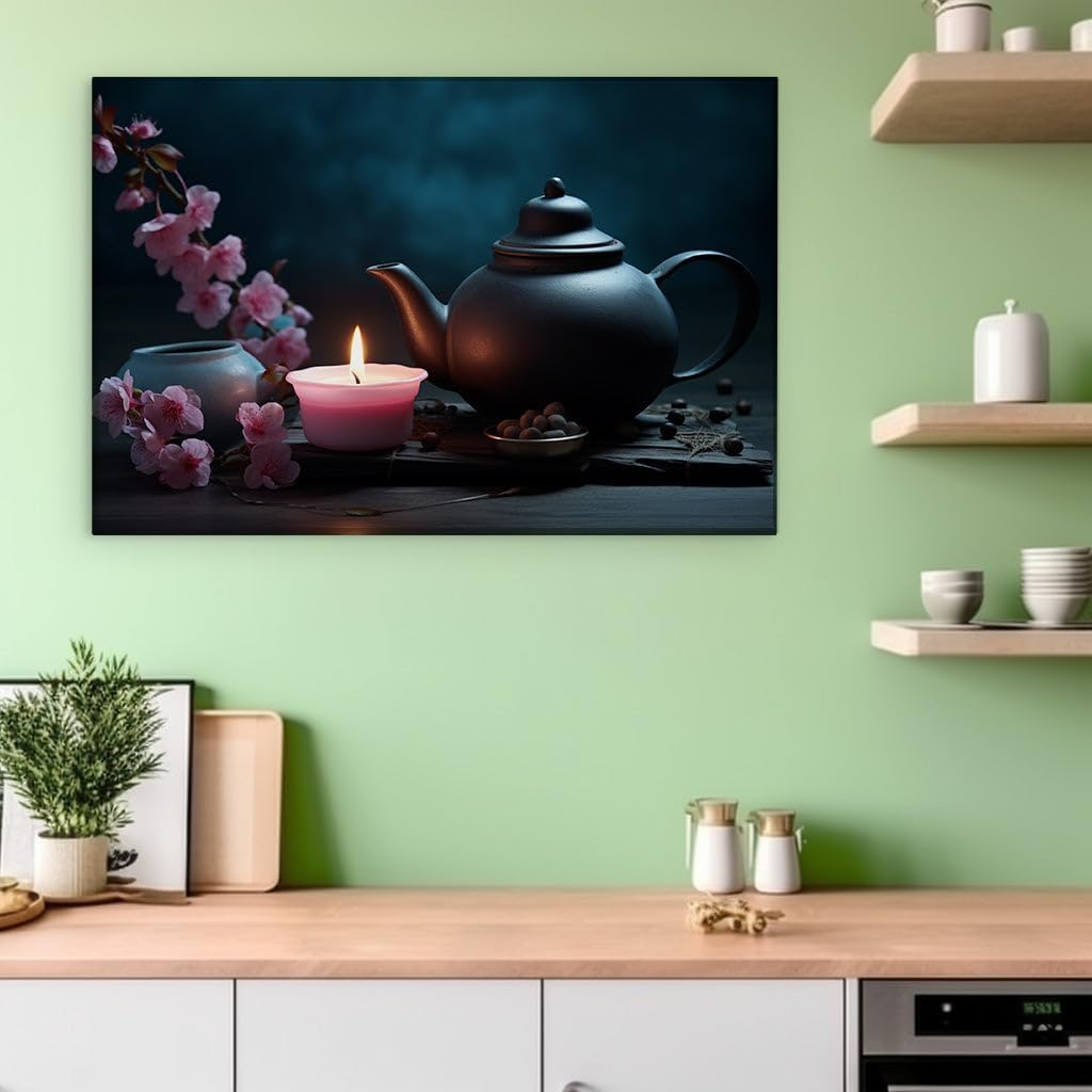 Canvas for Living room. Whispers of Serenity: A Teatime Tableau with Candle Glow and Blossom Charm, 27 x 18 inch Canvas Wall Art - Contemporary Masterpieces - Modern Home Decor