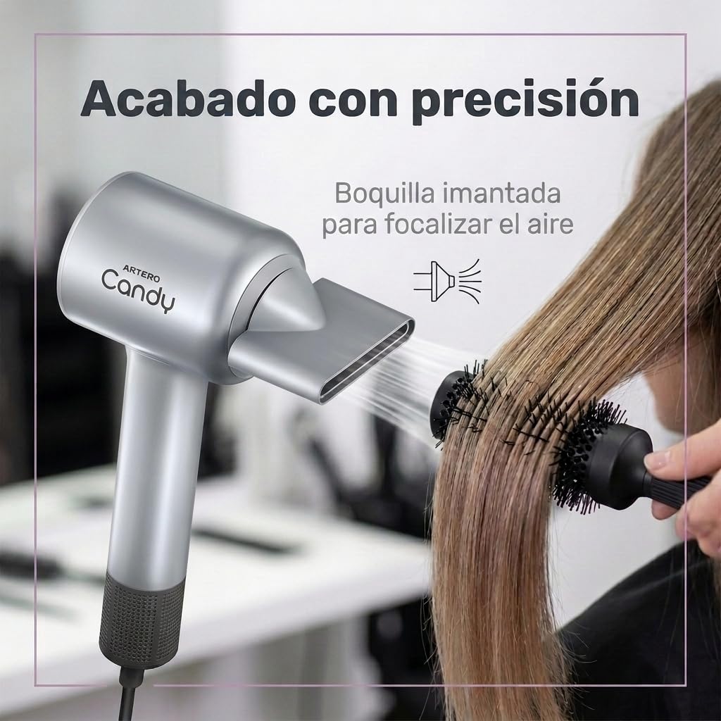 ARTERO Candy Secador Profesional para Peluquería y Barbería — Motor Brushless BLDC 1600W Silencioso, Ultraligero 380g, Compacto, Ergonómico, Boquilla Magnética (Gris)