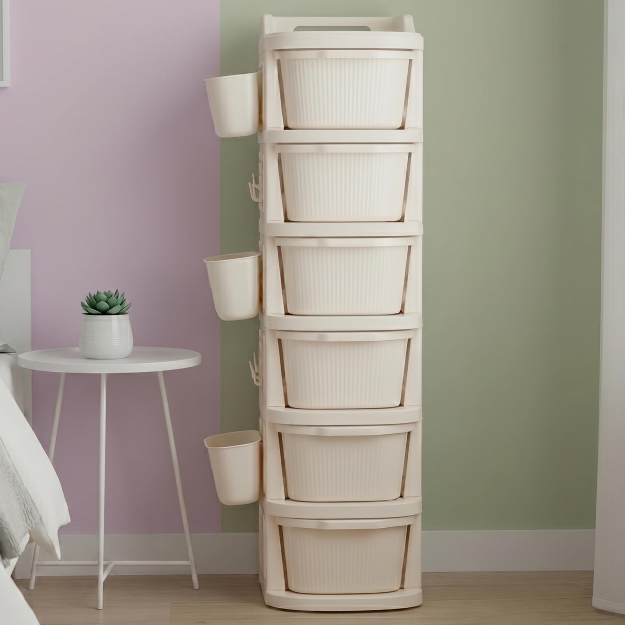 TEX-RO 6 Layer Plastic Drawer Cabinet with Wheels & Side Hooks | Stackable Storage Trolley Organiser for Kitchen, Bedroom, Bathroom | Multipurpose Drawers Organisers Rack with Basket - Ivory discount deal