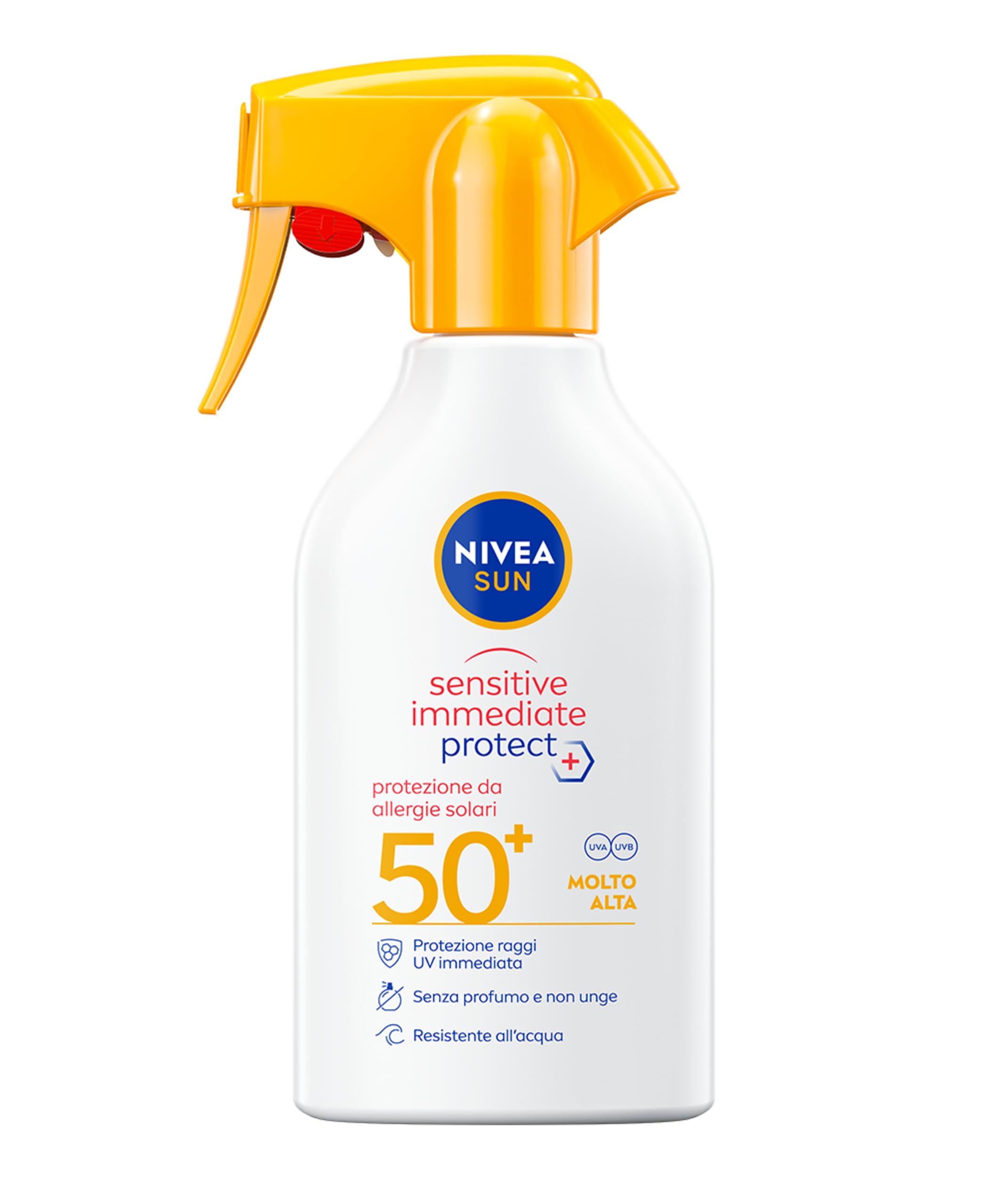 NIVEA SUN Sensitive Immediate Protect Spray Solare SPF 50+ 250 ml, Crema solare 50 spray contro le allergie solari, Protezione solare 50+ con Aloe Vera per pelle sensibile, Senza profumo, Waterproof