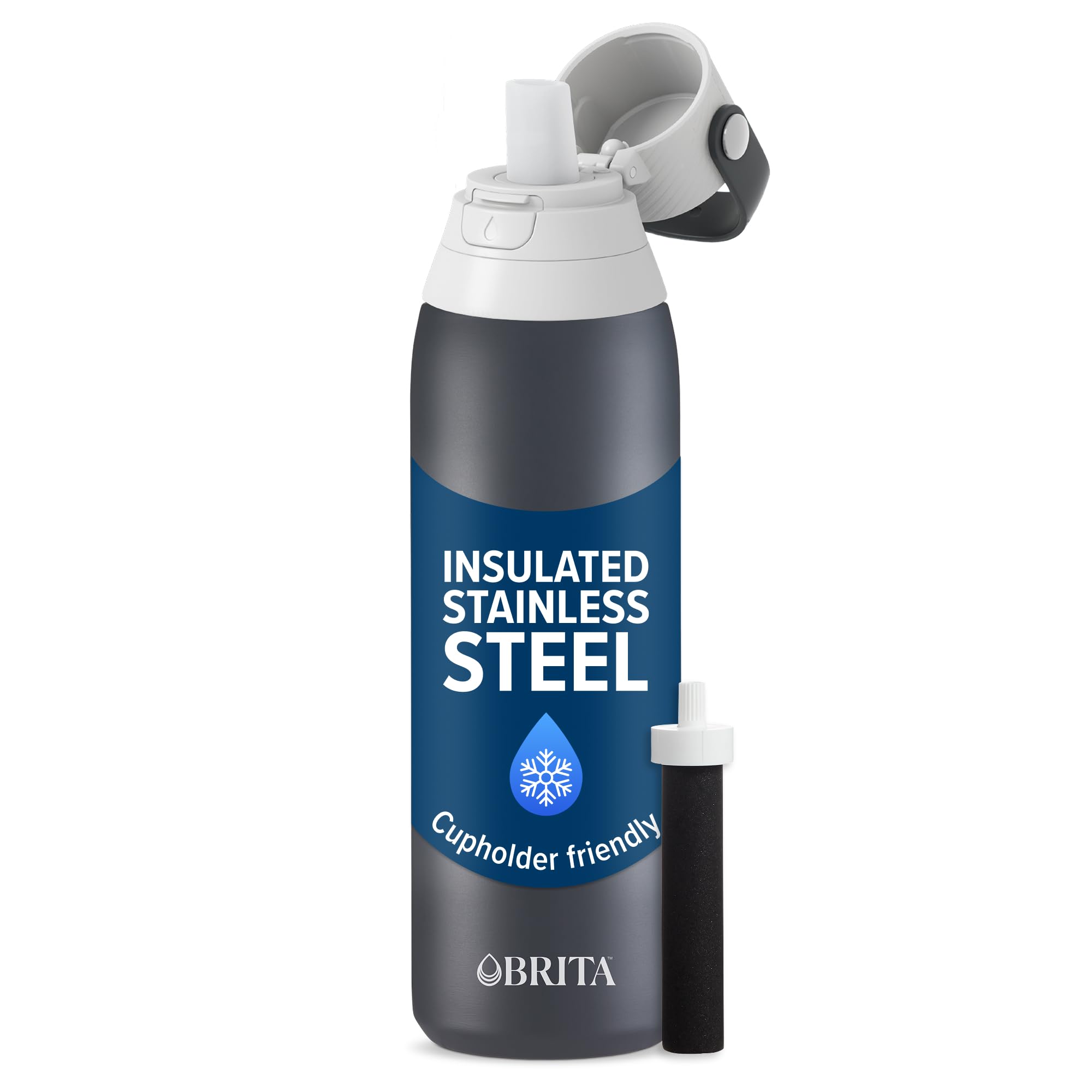Brita Stainless Steel Premium Filtering Water Bottle, BPA-Free, Reusable, Insulated, Replaces 300 Plastic Water Bottles, Filter Lasts 2 Months or 40 Gallons, Includes 1 Filter, Carbon - 20 oz